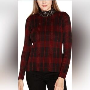 NWT-Bellini-S-black/cherry/red-plaid-embellished lightweight mock neck sweater.